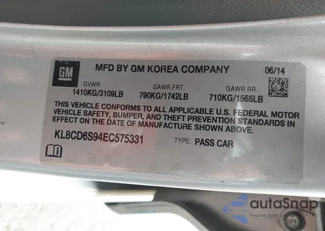 2014 Chevrolet Spark 1Lt Auto z USA, uszkodzony, nr VIN KL8CD6S94EC575331